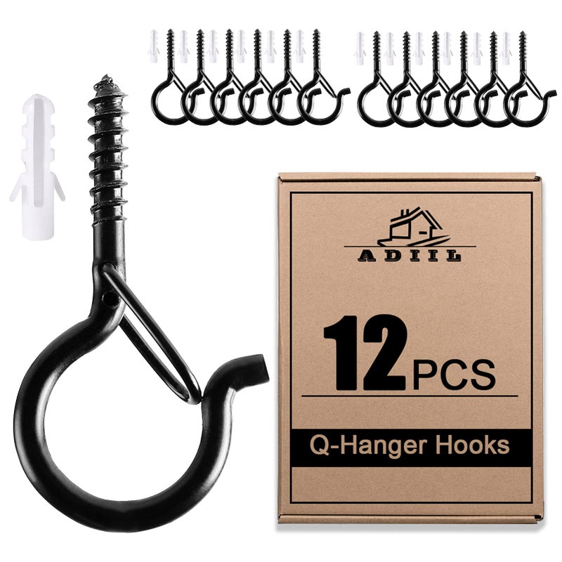 ADIIL 12 PCS Q Hanger Hooks with Safety Buckle  Windproof Screw Hooks for Hanging Outdoor String Lights  Plants  Christmas Patio Lights  2.2 Inches  Black - Image 1
